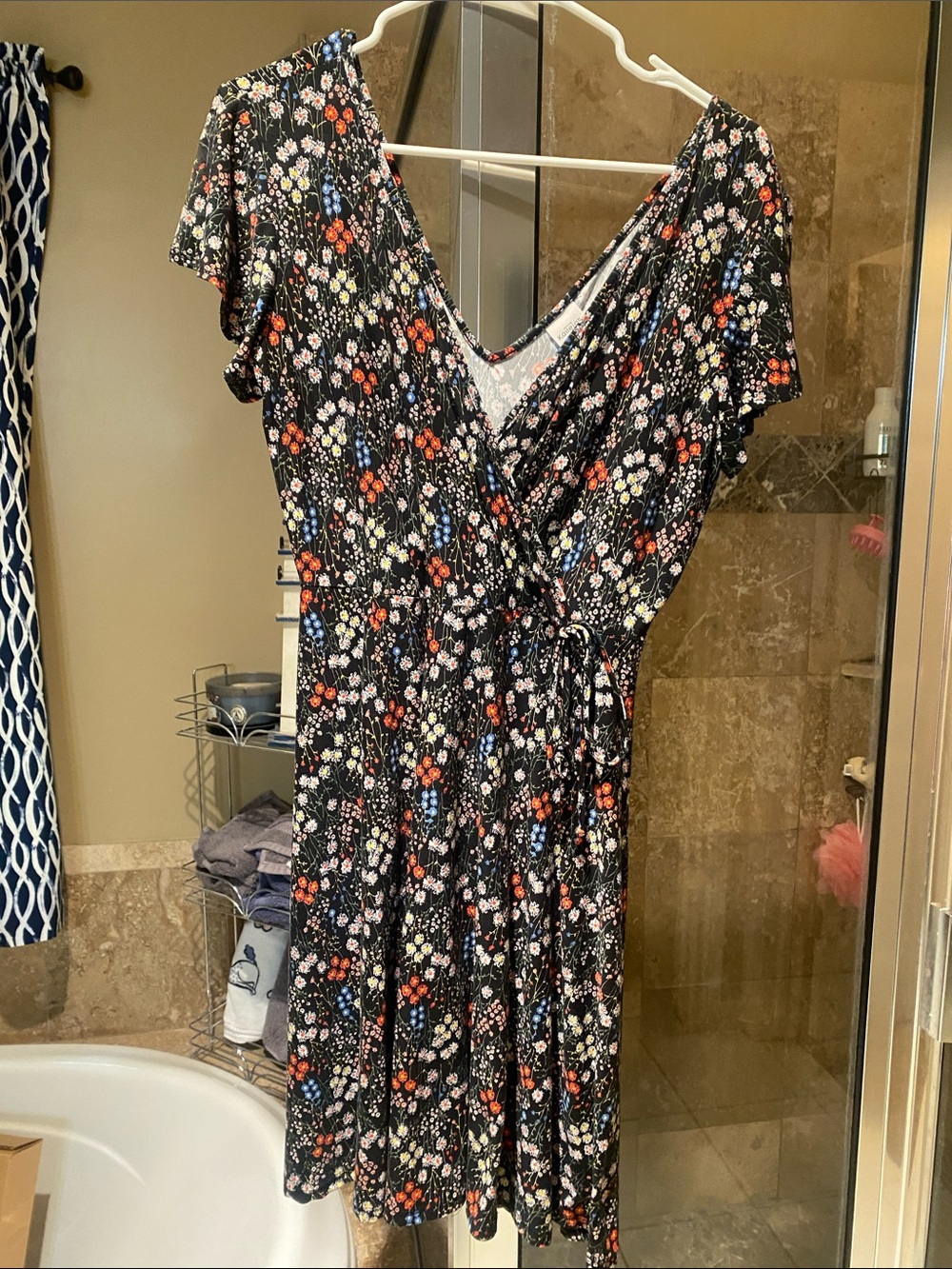 Kaileigh Black Floral Wrap Midi Dress with Red & Blue Flowers